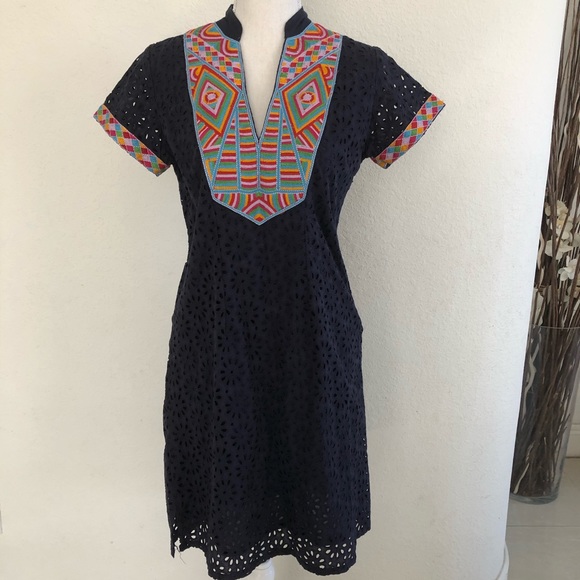Dresses & Skirts - Batik Blue Dress Short Sleeve Aztec Embroidery